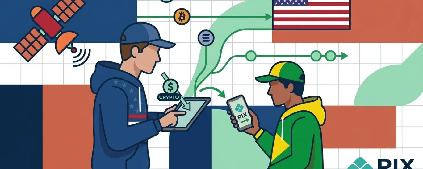 Ilustração em estilo flat art de uma remessa internacional de valor. À esquerda, um homem com moletom dos EUA envia cripto dólares por um tablet; à direita, um homem com moletom do Brasil recebe o valor em Pix pelo celular. Um satélite e linhas de dados conectam os dois sobre um fundo geométrico com textura de grade.