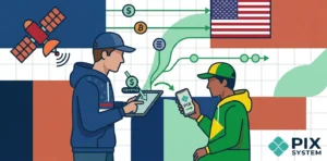 Ilustração em estilo flat art de uma remessa internacional de valor. À esquerda, um homem com moletom dos EUA envia cripto dólares por um tablet; à direita, um homem com moletom do Brasil recebe o valor em Pix pelo celular. Um satélite e linhas de dados conectam os dois sobre um fundo geométrico com textura de grade.