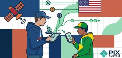 Ilustração em estilo flat art de uma remessa internacional de valor. À esquerda, um homem com moletom dos EUA envia cripto dólares por um tablet; à direita, um homem com moletom do Brasil recebe o valor em Pix pelo celular. Um satélite e linhas de dados conectam os dois sobre um fundo geométrico com textura de grade.