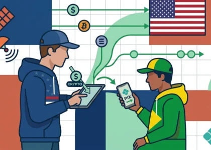 Ilustração em estilo flat art de uma remessa internacional de valor. À esquerda, um homem com moletom dos EUA envia cripto dólares por um tablet; à direita, um homem com moletom do Brasil recebe o valor em Pix pelo celular. Um satélite e linhas de dados conectam os dois sobre um fundo geométrico com textura de grade.