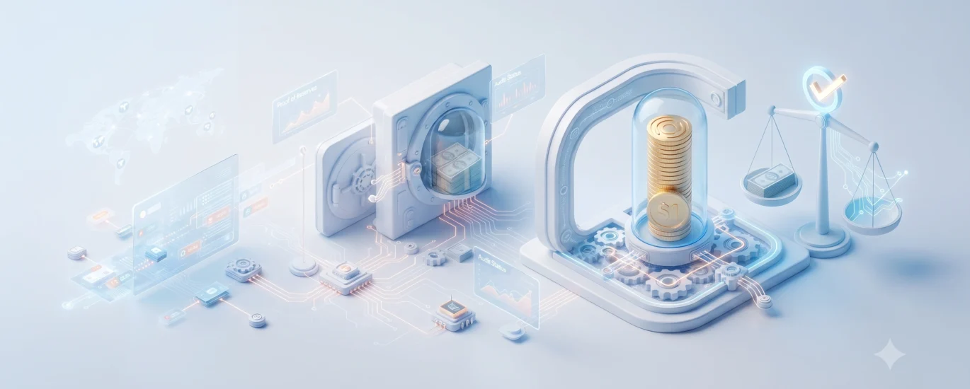 Uma ilustração isométrica 3D que representa a "Prova de Reservas" de uma stablecoin. No centro, uma pilha de moedas de ouro sob uma cúpula de vidro está conectada por circuitos a um cofre aberto contendo maços de dinheiro. À direita, uma balança digital equilibra dinheiro real com um ícone de verificação digital brilhante, enquanto à esquerda, painéis de dados holográficos flutuantes e um mapa mundial mostram o rastreamento de ativos em tempo real. O estilo é limpo, técnico e futurista em tons de azul e dourado.