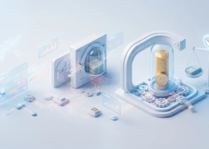 Uma ilustração isométrica 3D que representa a "Prova de Reservas" de uma stablecoin. No centro, uma pilha de moedas de ouro sob uma cúpula de vidro está conectada por circuitos a um cofre aberto contendo maços de dinheiro. À direita, uma balança digital equilibra dinheiro real com um ícone de verificação digital brilhante, enquanto à esquerda, painéis de dados holográficos flutuantes e um mapa mundial mostram o rastreamento de ativos em tempo real. O estilo é limpo, técnico e futurista em tons de azul e dourado.