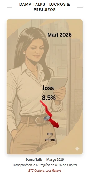 Banner ilustrativo Dama Talks com o título Março 2026, indicando loss de 8,5% em opções de Bitcoin sobre um fundo estético em tons terrosos.