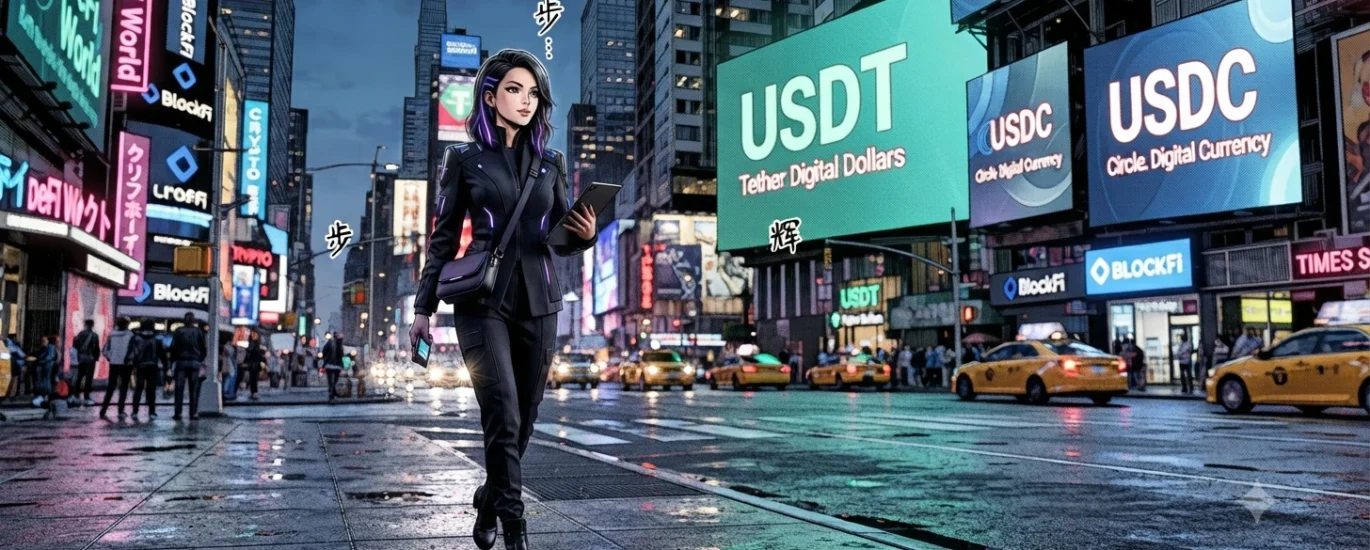 Mulher estilosa no estilo cyberpunk andando em uma avenida de Nova York, cercada por letreiros luminosos de USDT e USDC.