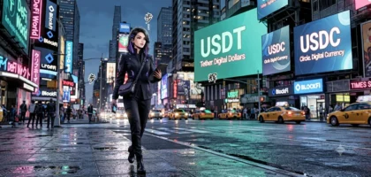 Mulher estilosa no estilo cyberpunk andando em uma avenida de Nova York, cercada por letreiros luminosos de USDT e USDC.