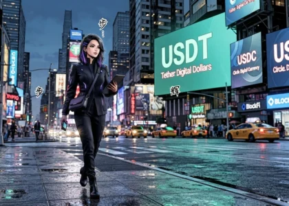 Mulher estilosa no estilo cyberpunk andando em uma avenida de Nova York, cercada por letreiros luminosos de USDT e USDC.