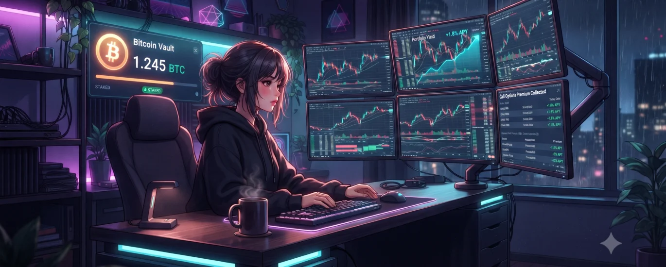 Uma ilustração de estilo anime e lo-fi de uma jovem mulher com cabelo preso em um coque, usando um moletom preto, sentada em uma cadeira ergonômica e digitando em um teclado retroiluminado. Ela está em um escritório doméstico escuro e aconchegante, iluminado por luzes de neon roxas e ciano. Sua mesa de madeira preta abriga uma caneca de café e um mouse. À sua frente, há uma configuração de vários monitores em um suporte. O monitor superior esquerdo é um painel de "Bitcoin Vault" com um grande logotipo Bitcoin (₿), mostrando "Bitcoin Vault" e "1.245 BTC STAKED". Os outros quatro monitores mostram gráficos financeiros detalhados de candlestick em tempo real, métricas de volatilidade e, em um painel, a lista "Options Premium Collected" com valores. A prateleira atrás dela tem plantas e pôsteres retrô. Do lado direito, uma janela mostra uma paisagem urbana chuvosa à noite. A atmosfera é calma, focada e tecnológica.