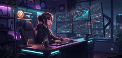 Uma ilustração de estilo anime e lo-fi de uma jovem mulher com cabelo preso em um coque, usando um moletom preto, sentada em uma cadeira ergonômica e digitando em um teclado retroiluminado. Ela está em um escritório doméstico escuro e aconchegante, iluminado por luzes de neon roxas e ciano. Sua mesa de madeira preta abriga uma caneca de café e um mouse. À sua frente, há uma configuração de vários monitores em um suporte. O monitor superior esquerdo é um painel de 