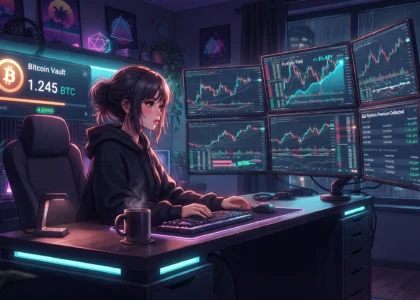 Uma ilustração de estilo anime e lo-fi de uma jovem mulher com cabelo preso em um coque, usando um moletom preto, sentada em uma cadeira ergonômica e digitando em um teclado retroiluminado. Ela está em um escritório doméstico escuro e aconchegante, iluminado por luzes de neon roxas e ciano. Sua mesa de madeira preta abriga uma caneca de café e um mouse. À sua frente, há uma configuração de vários monitores em um suporte. O monitor superior esquerdo é um painel de "Bitcoin Vault" com um grande logotipo Bitcoin (₿), mostrando "Bitcoin Vault" e "1.245 BTC STAKED". Os outros quatro monitores mostram gráficos financeiros detalhados de candlestick em tempo real, métricas de volatilidade e, em um painel, a lista "Options Premium Collected" com valores. A prateleira atrás dela tem plantas e pôsteres retrô. Do lado direito, uma janela mostra uma paisagem urbana chuvosa à noite. A atmosfera é calma, focada e tecnológica.